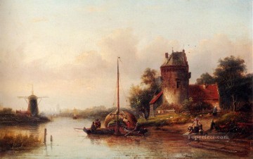  Gran Arte - Un paisaje fluvial en verano con una barcaza de heno amarrada junto a una granja fortificada Jan Jacob Coenraad Spohler